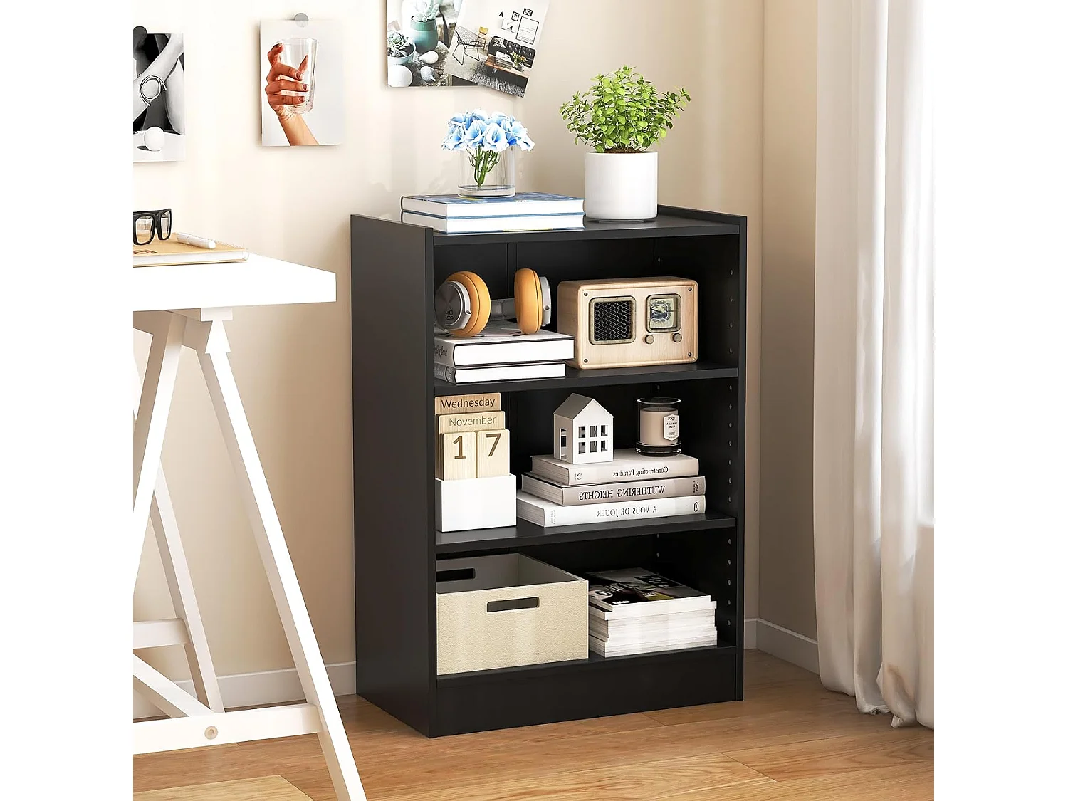 Bücherregal, Standregal mit 3 Fächern, Regal mit verstellbaren Regalen, 30x50x75cm, Schwarz ON32670