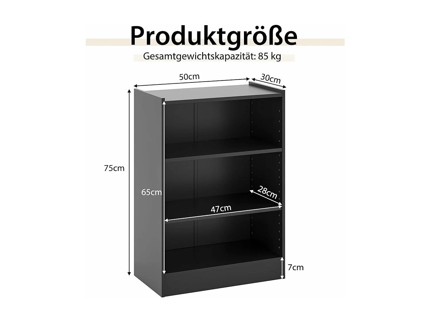Bücherregal, Standregal mit 3 Fächern, Regal mit verstellbaren Regalen, 30x50x75cm, Schwarz ON32670