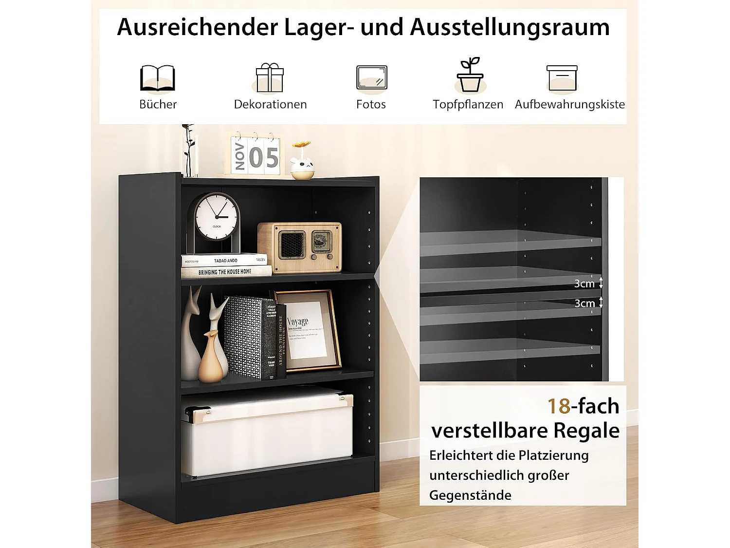 Bücherregal, Standregal mit 3 Fächern, Regal mit verstellbaren Regalen, 30x50x75cm, Schwarz ON32670
