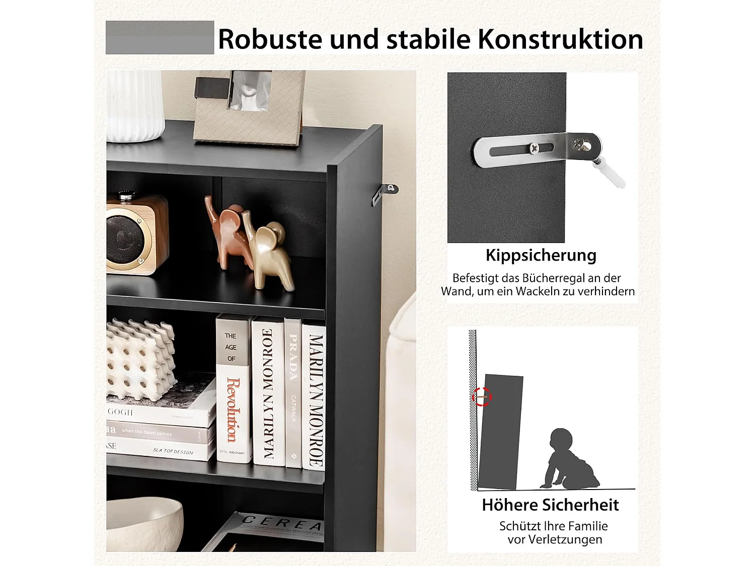 Bücherregal, Standregal mit 3 Fächern, Regal mit verstellbaren Regalen, 30x50x75cm, Schwarz ON32670
