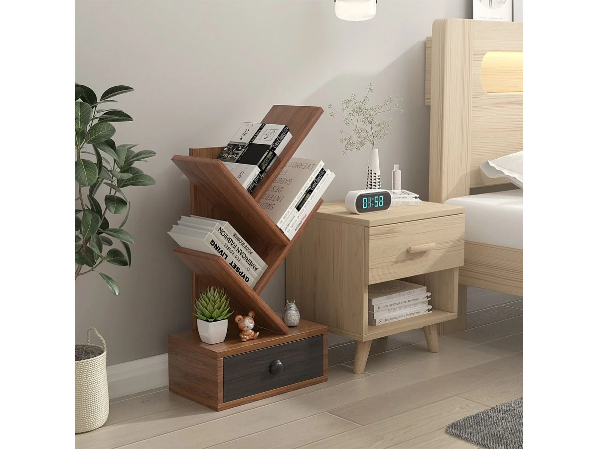 5-stufiges Baum-Bücherregal mit Schublade Mehrzweckregal CD- & DVD-Regal Braun