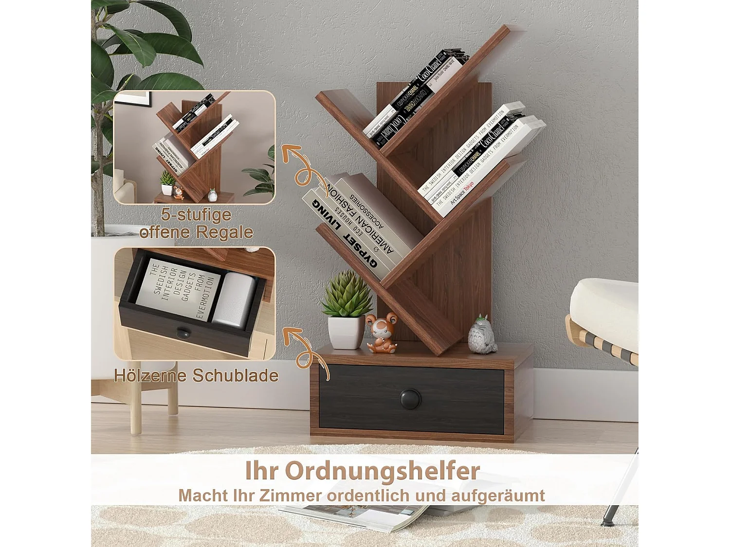 5-stufiges Baum-Bücherregal mit Schublade Mehrzweckregal CD- & DVD-Regal Braun