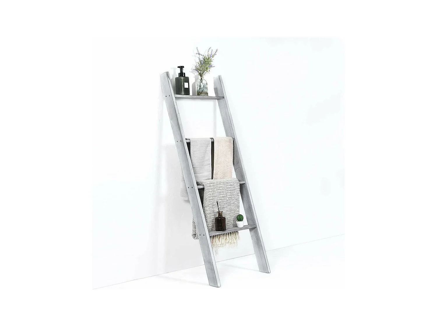 Handtuchhalter 5 Ebenen Leiterregal, Handtuchleiter Deckenleiter Holz Handtuchständer grau für Wohnzimmer, Badezimmer (Grau) NM9952