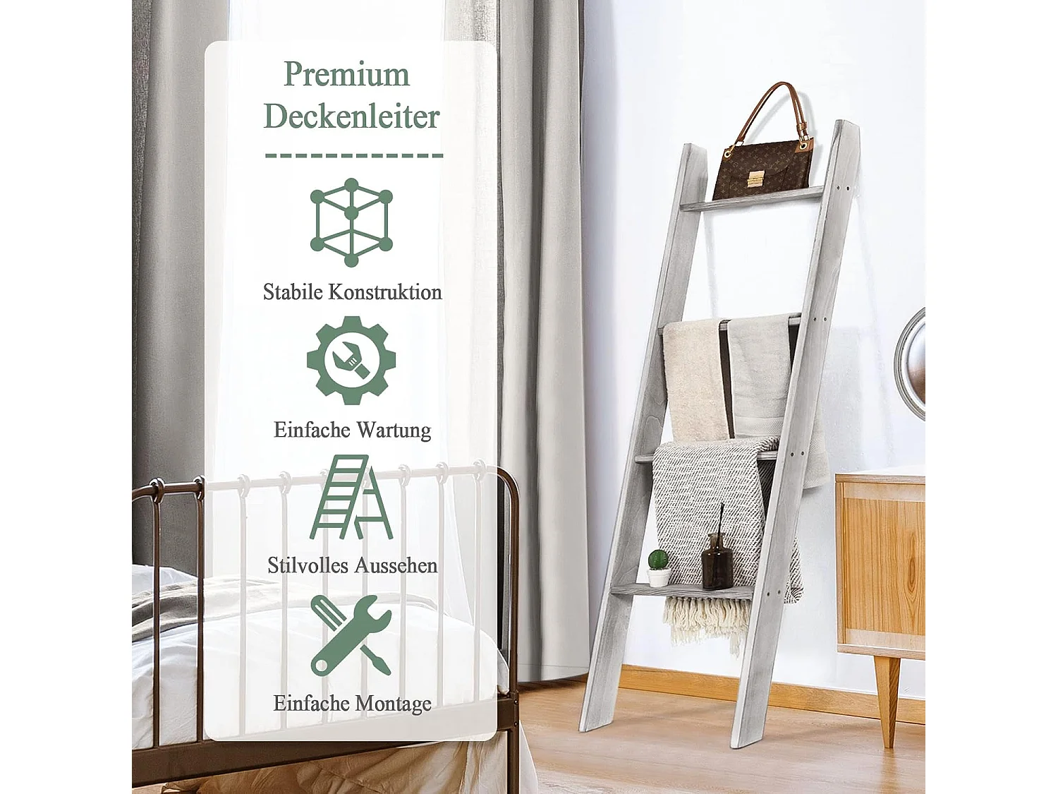 Handtuchhalter 5 Ebenen Leiterregal, Handtuchleiter Deckenleiter Holz Handtuchständer grau für Wohnzimmer, Badezimmer (Grau) NM9952