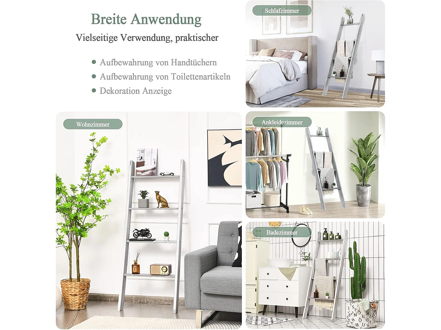 Handtuchhalter 5 Ebenen Leiterregal, Handtuchleiter Deckenleiter Holz Handtuchständer grau für Wohnzimmer, Badezimmer (Grau) NM9952