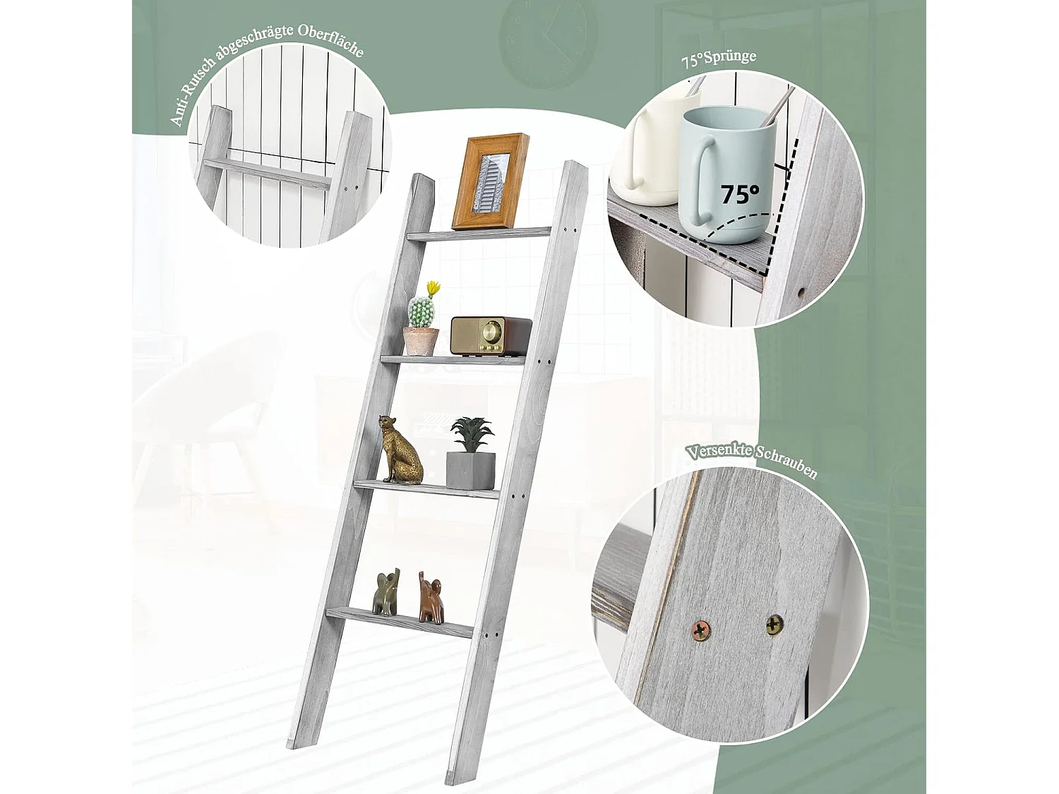 Handtuchhalter 5 Ebenen Leiterregal, Handtuchleiter Deckenleiter Holz Handtuchständer grau für Wohnzimmer, Badezimmer (Grau) NM9952