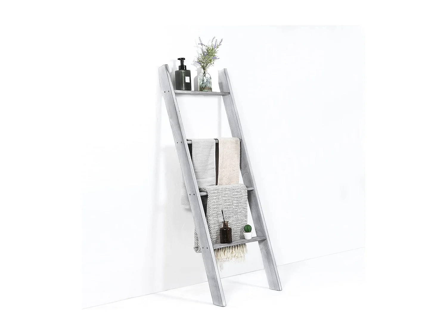 Handtuchhalter 5 Ebenen Leiterregal, Handtuchleiter Deckenleiter Holz Handtuchständer grau für Wohnzimmer, Badezimmer (Grau) NM9952