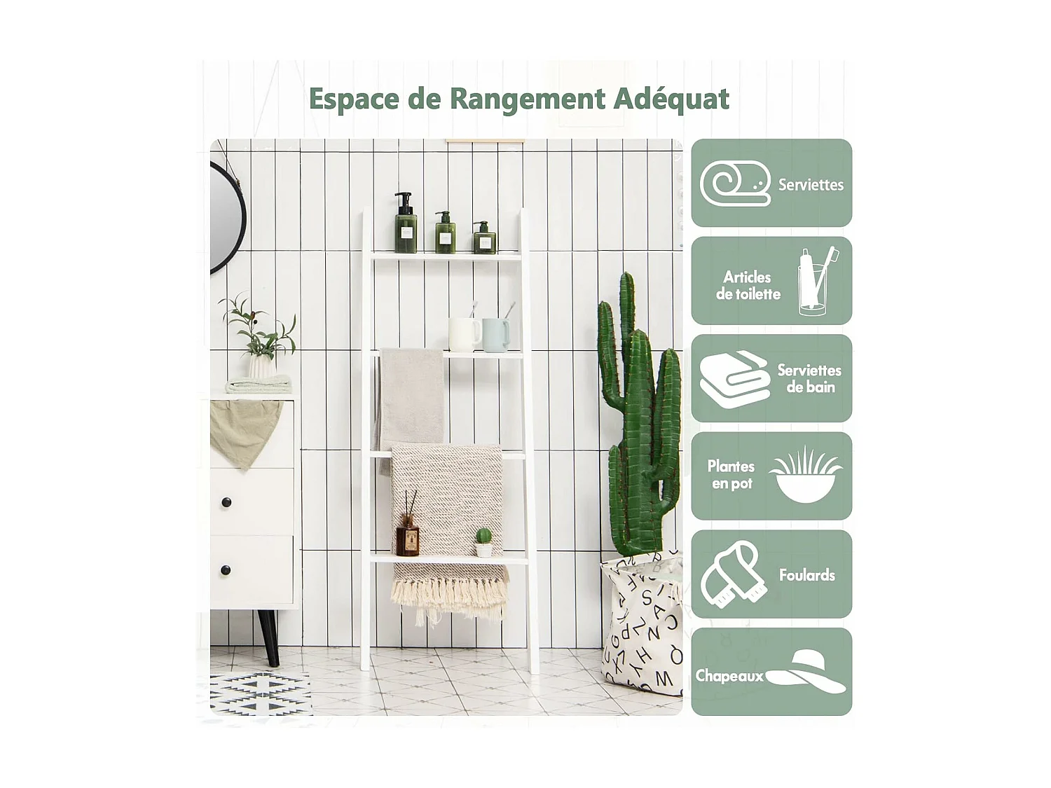 Handtuchhalter 5 Ebenen Leiterregal, Handtuchleiter Deckenleiter Holz Handtuchständer grau für Wohnzimmer, Badezimmer (Weiß) NM9952