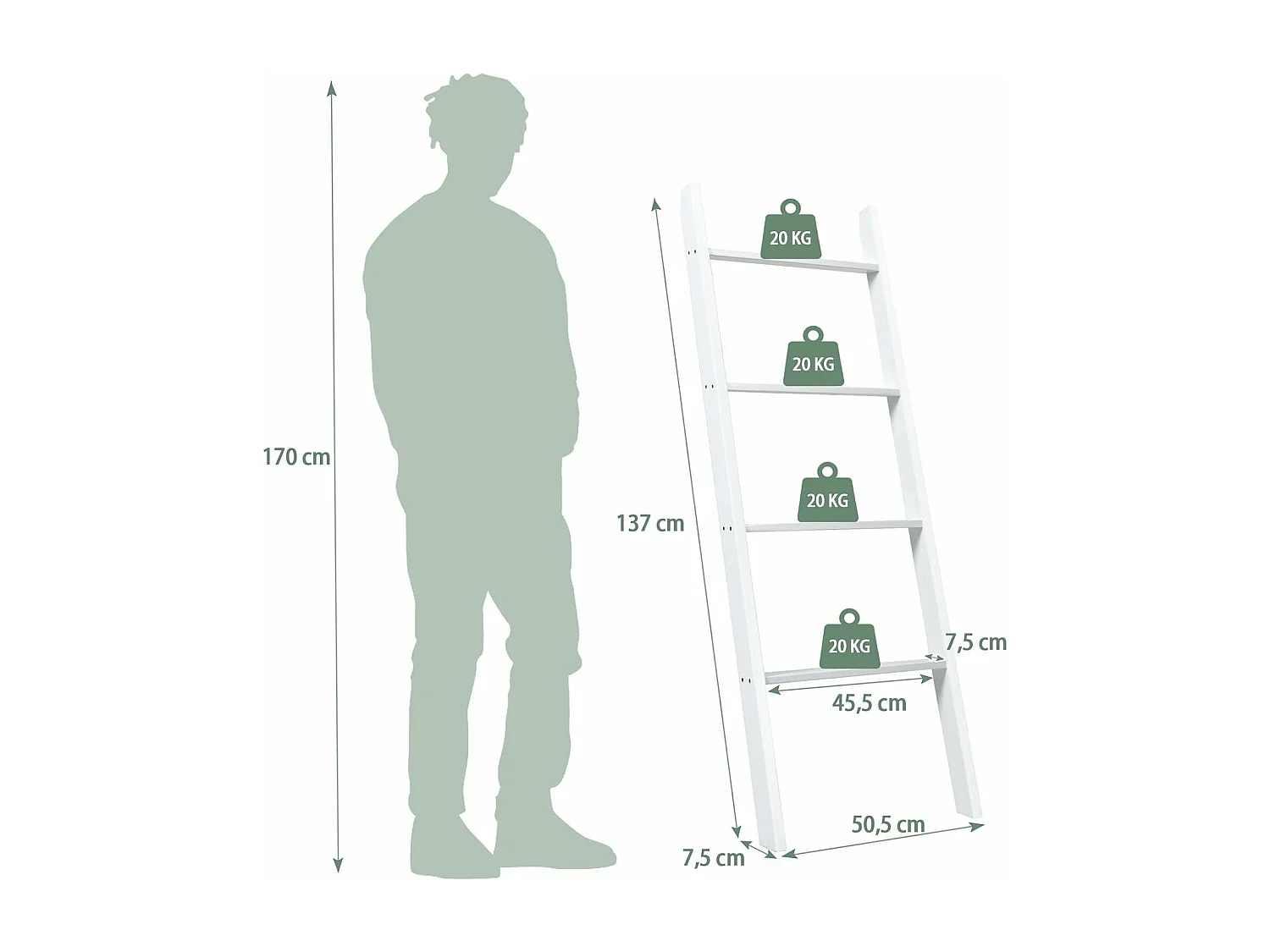 Handtuchhalter 5 Ebenen Leiterregal, Handtuchleiter Deckenleiter Holz Handtuchständer grau für Wohnzimmer, Badezimmer (Weiß) NM9952