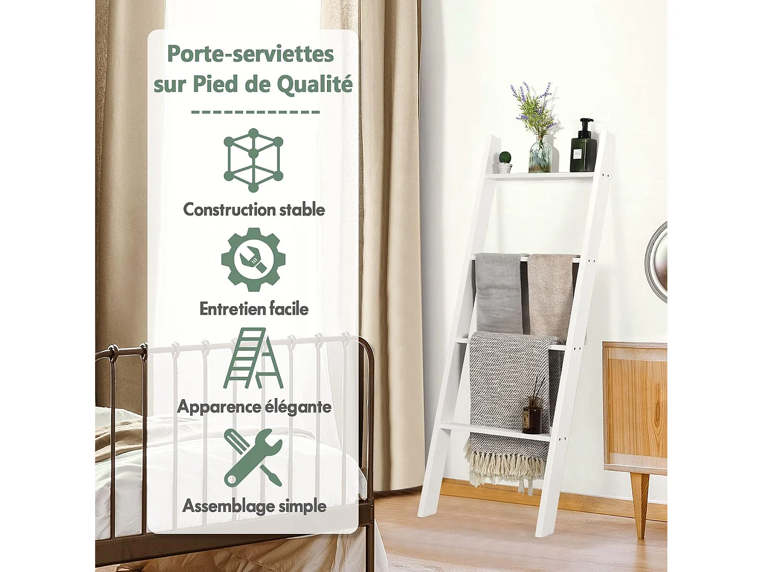 Handtuchhalter 5 Ebenen Leiterregal, Handtuchleiter Deckenleiter Holz Handtuchständer grau für Wohnzimmer, Badezimmer (Weiß) NM9952