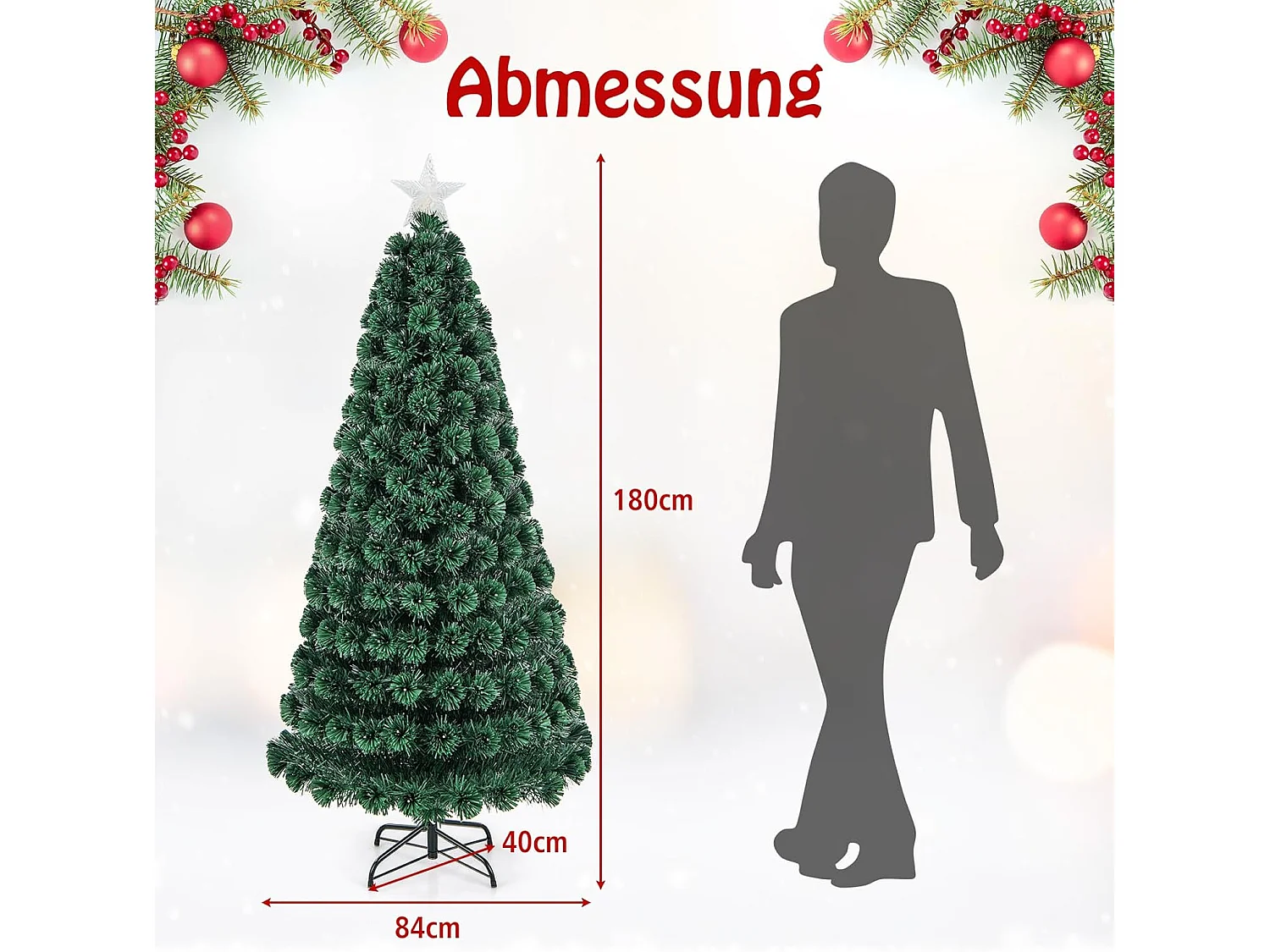 Albero di Natale artificiale con luci a LED e stella, 180 cm
