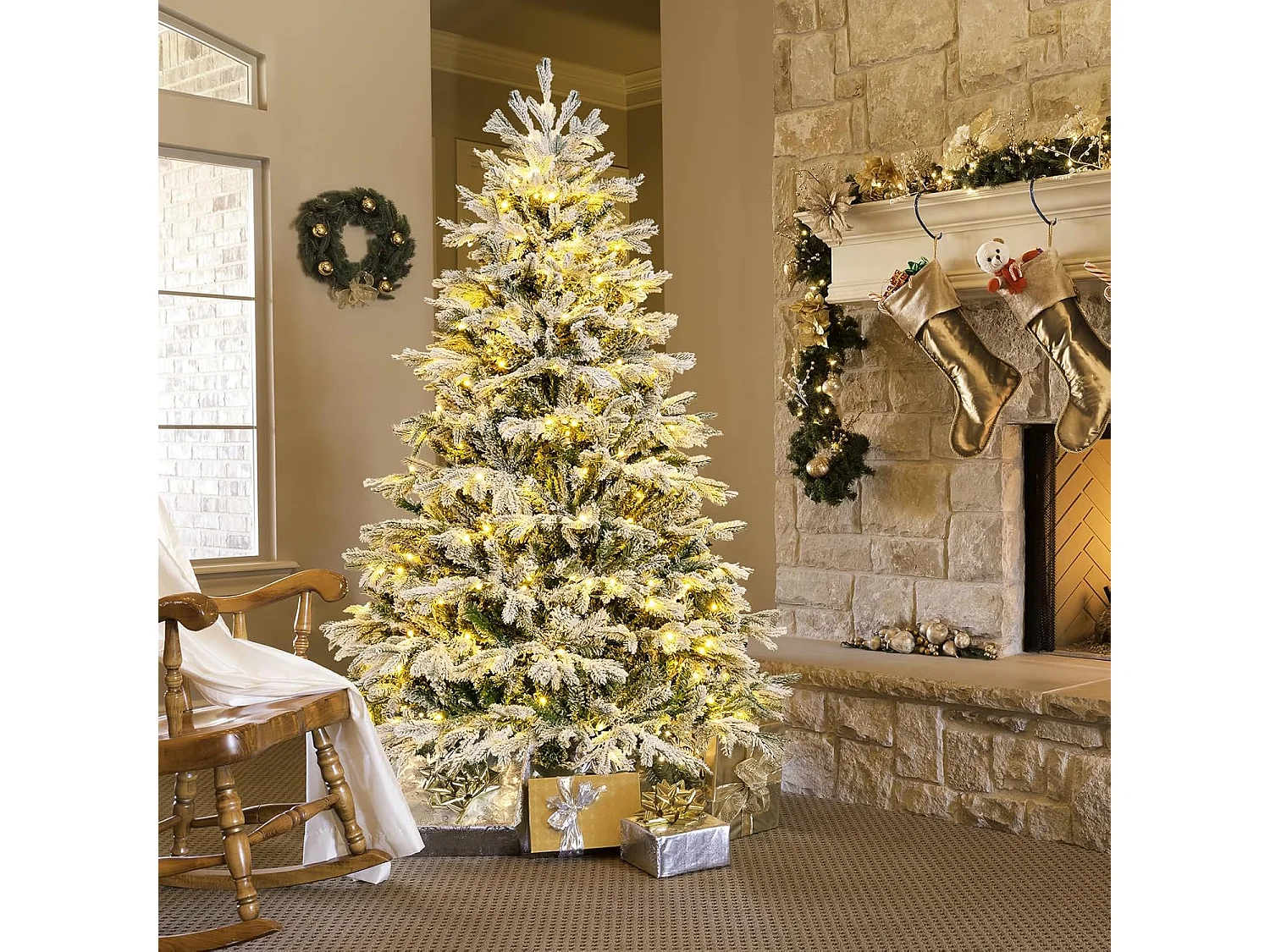 Albero di Natale artificiale con luci a LED e neve artificiale, 180 cm