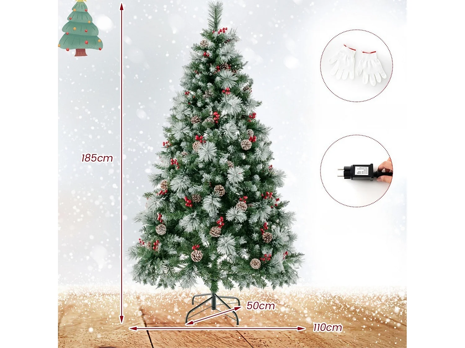 Albero di Natale artificiale con luci a LED e decorazioni, 185 cm