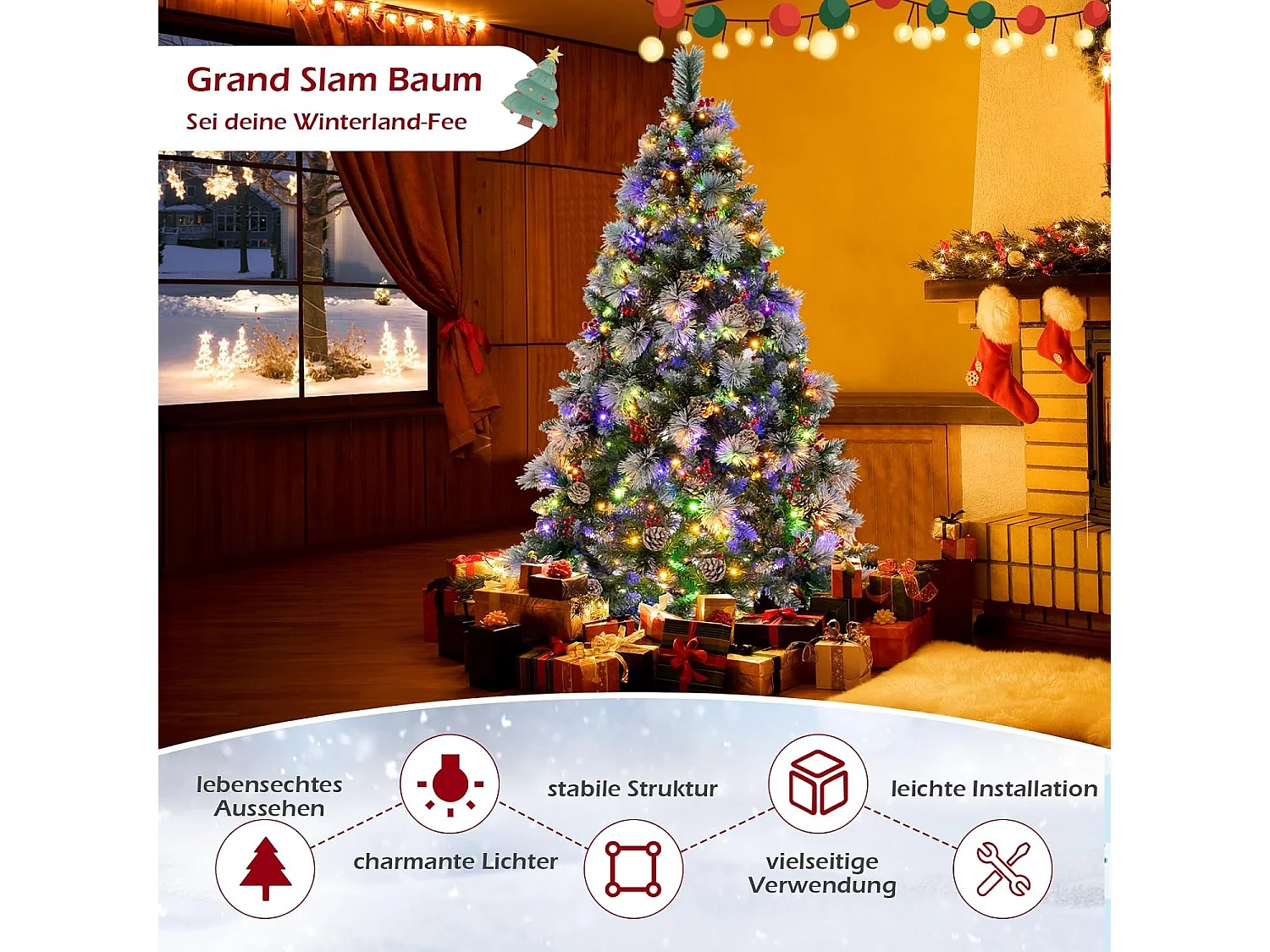 Albero di Natale artificiale con luci a LED e decorazioni, 185 cm