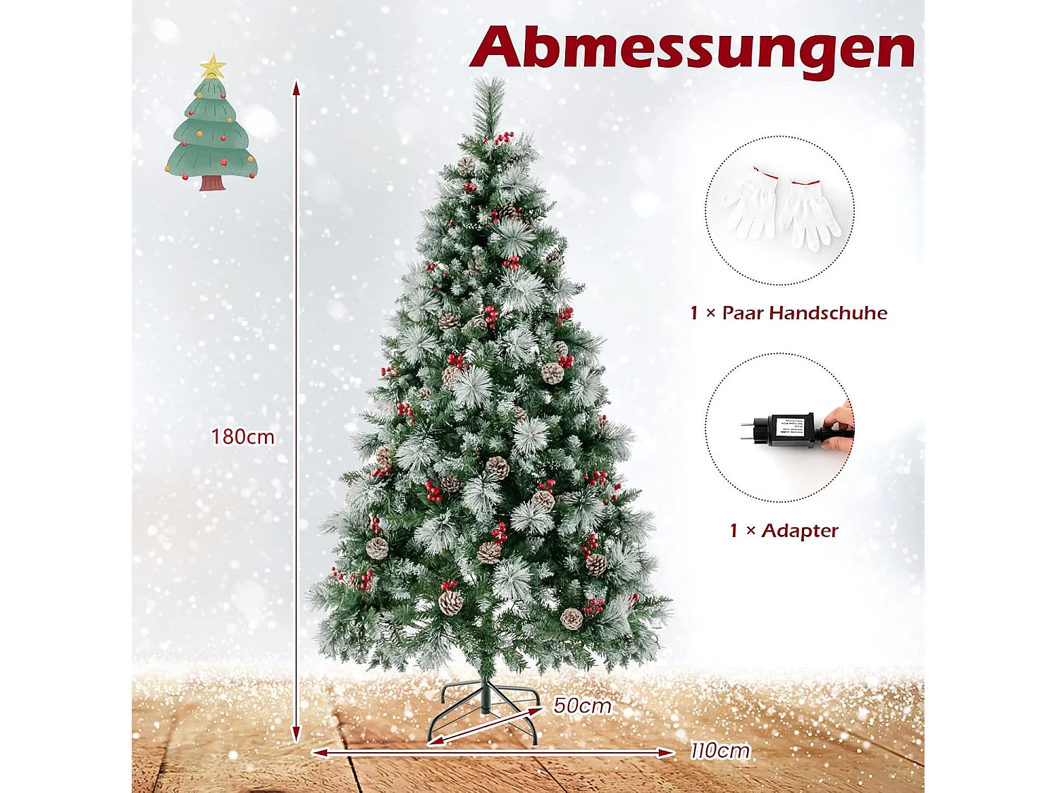 Albero di Natale artificiale con luci a LED e decorazioni, 185 cm