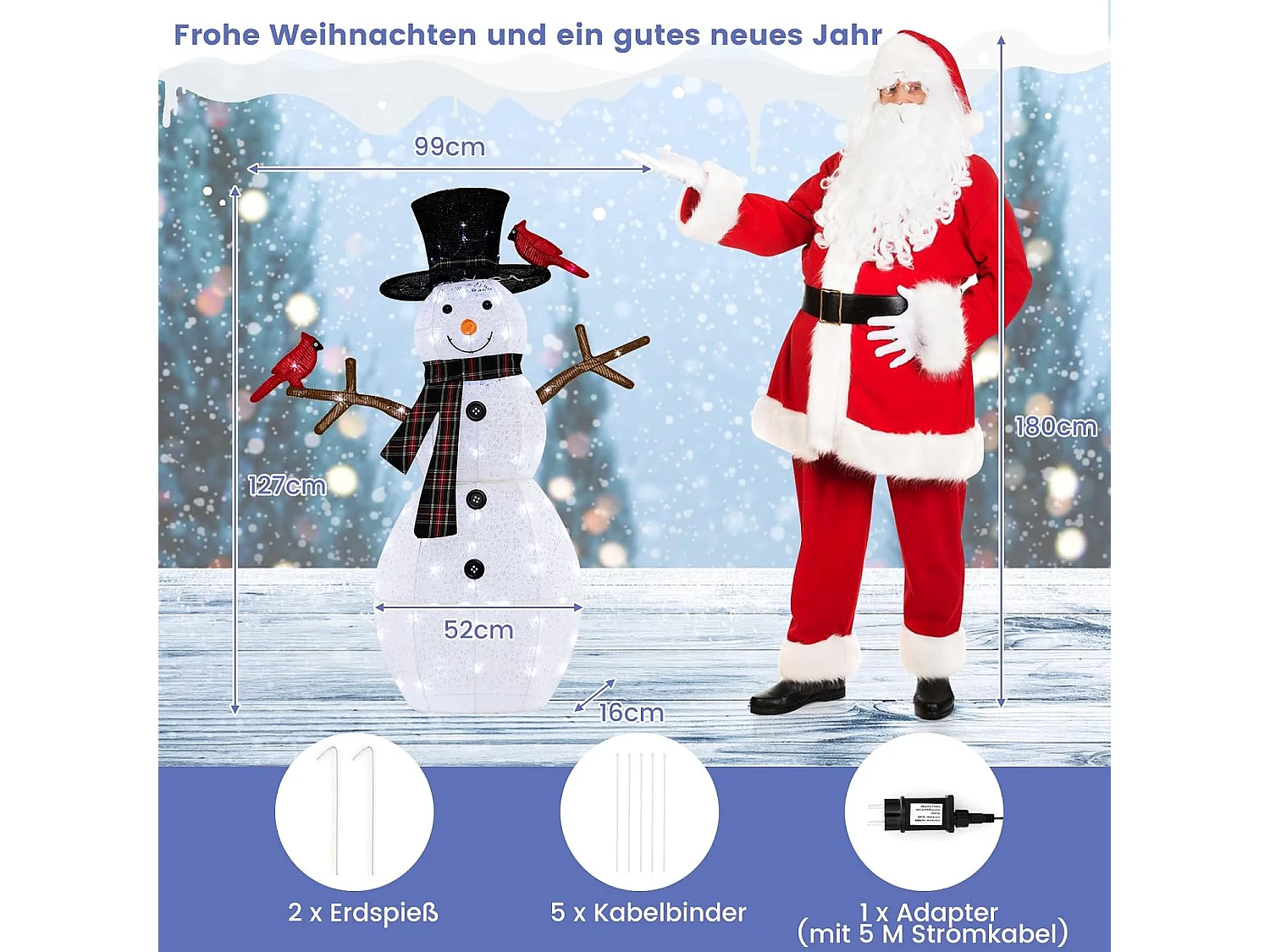 Beleuchtete Weihnachtsdekoration Schneemann mit roten Vögeln 99 x 16 x 127 cm Weiß