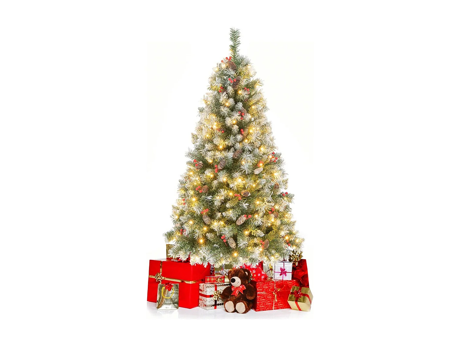 Albero di Natale pre-illuminato da 195cm, Albero artificiale con cerniere luci LED 8 modalità di illuminazione