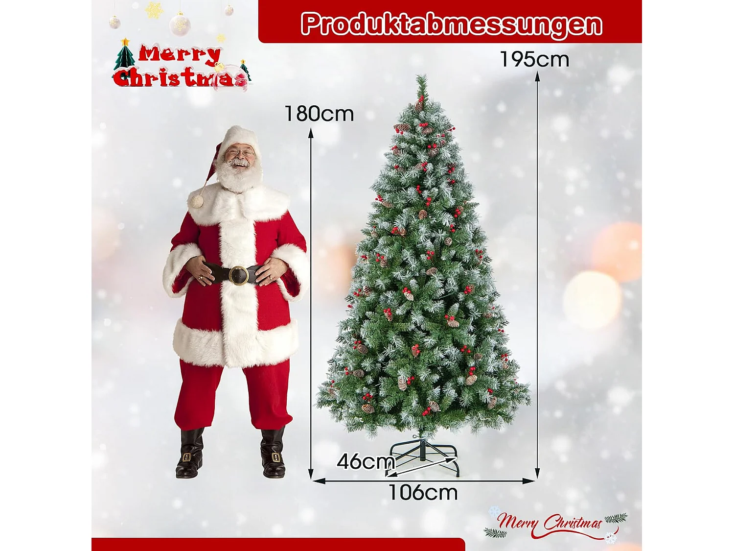Albero di Natale pre-illuminato da 195cm, Albero artificiale con cerniere luci LED 8 modalità di illuminazione
