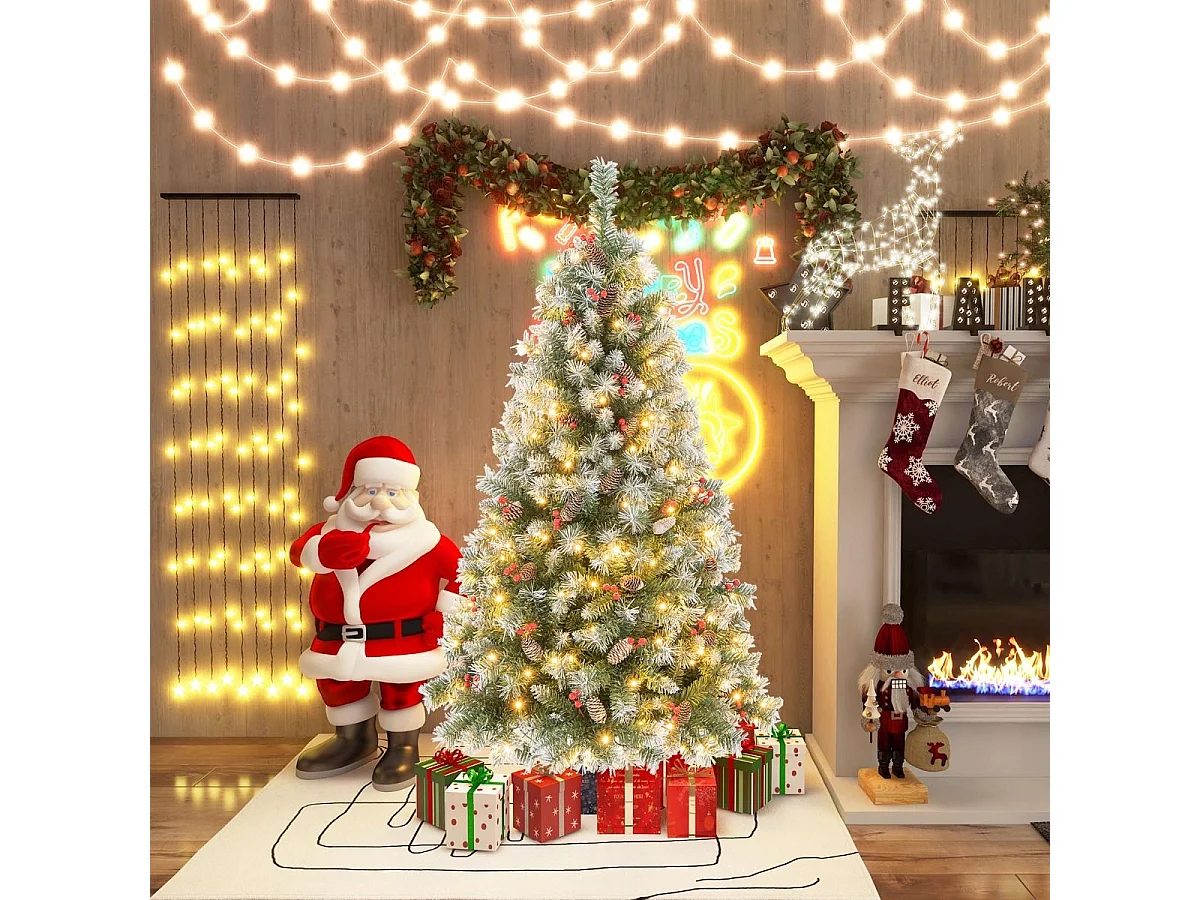 195 cm Künstlicher Weihnachtsbaum mit Beleuchtung & Schnee & Tannenzapfen & Roten Beeren