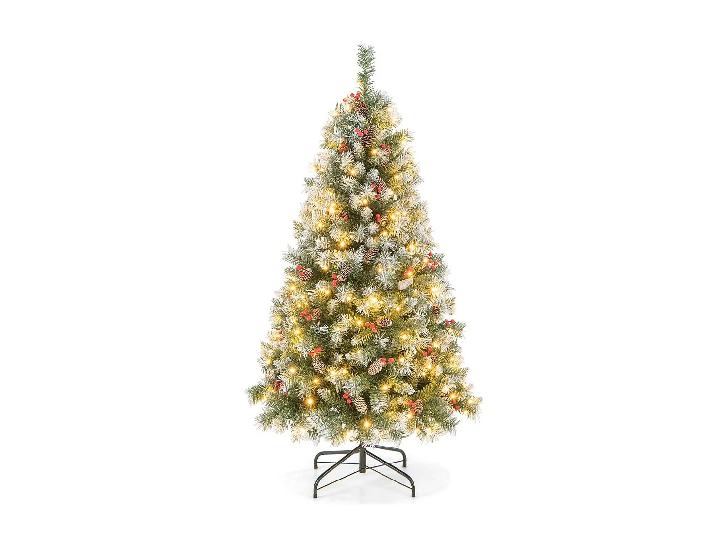 195 cm Künstlicher Weihnachtsbaum mit Beleuchtung & Schnee & Tannenzapfen & Roten Beeren