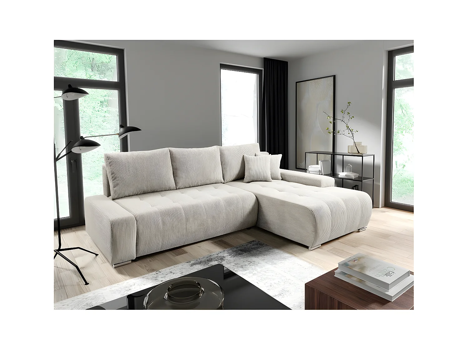 Canapé d'angle convertible MELOTI en velours côtelé beige
