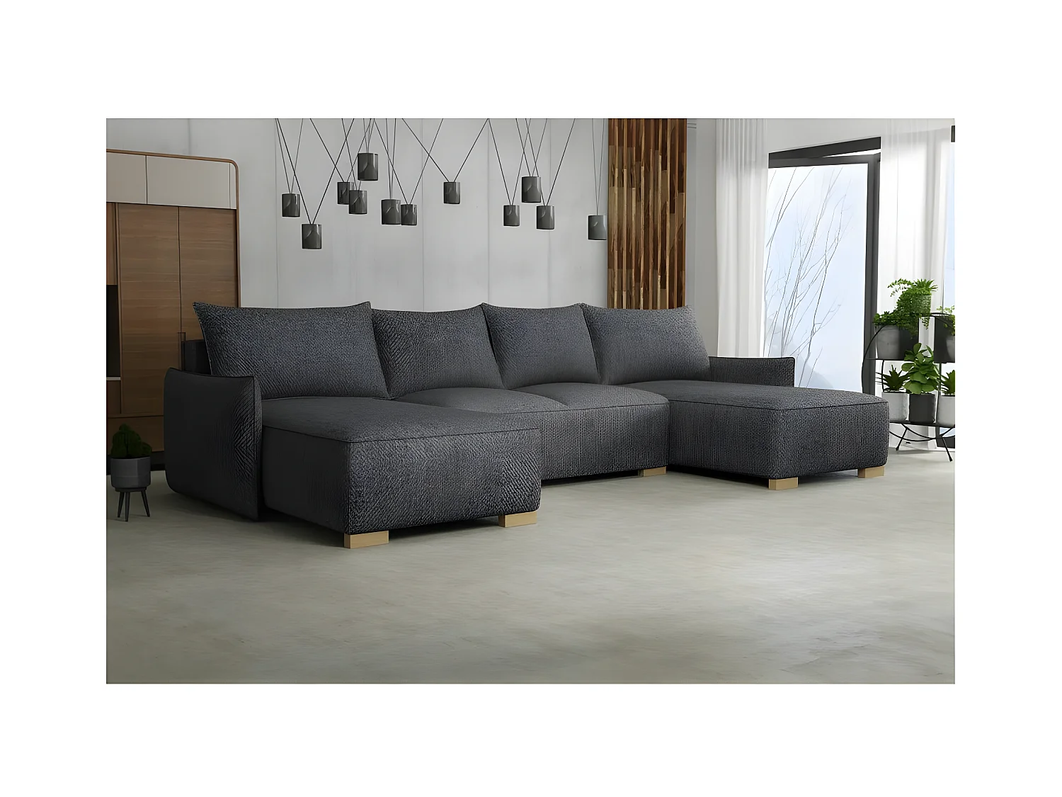 Canapé d'angle panoramique convertible FOLIA en U gris foncé