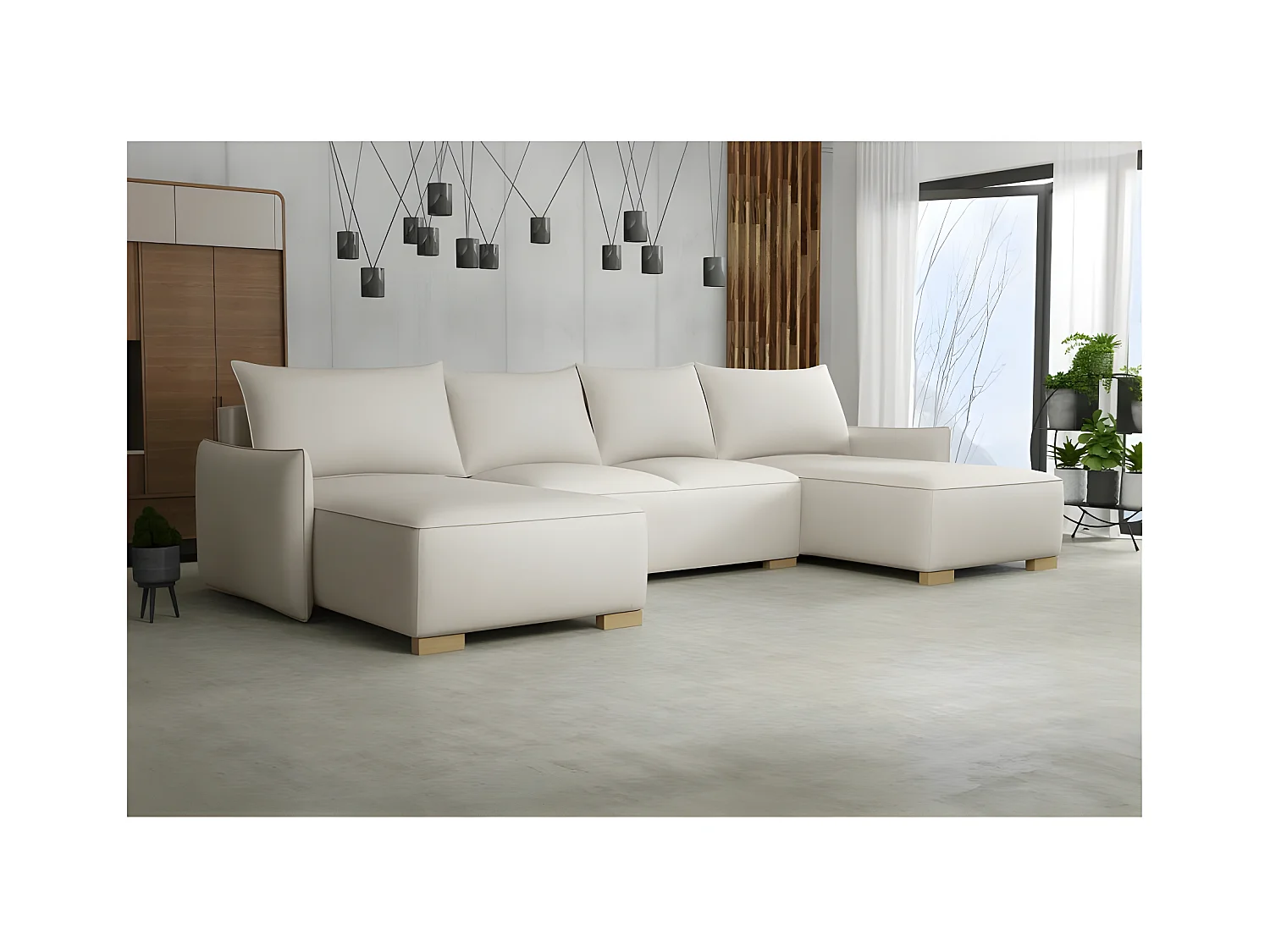 Canapé d'angle panoramique convertible FOLIA en U beige