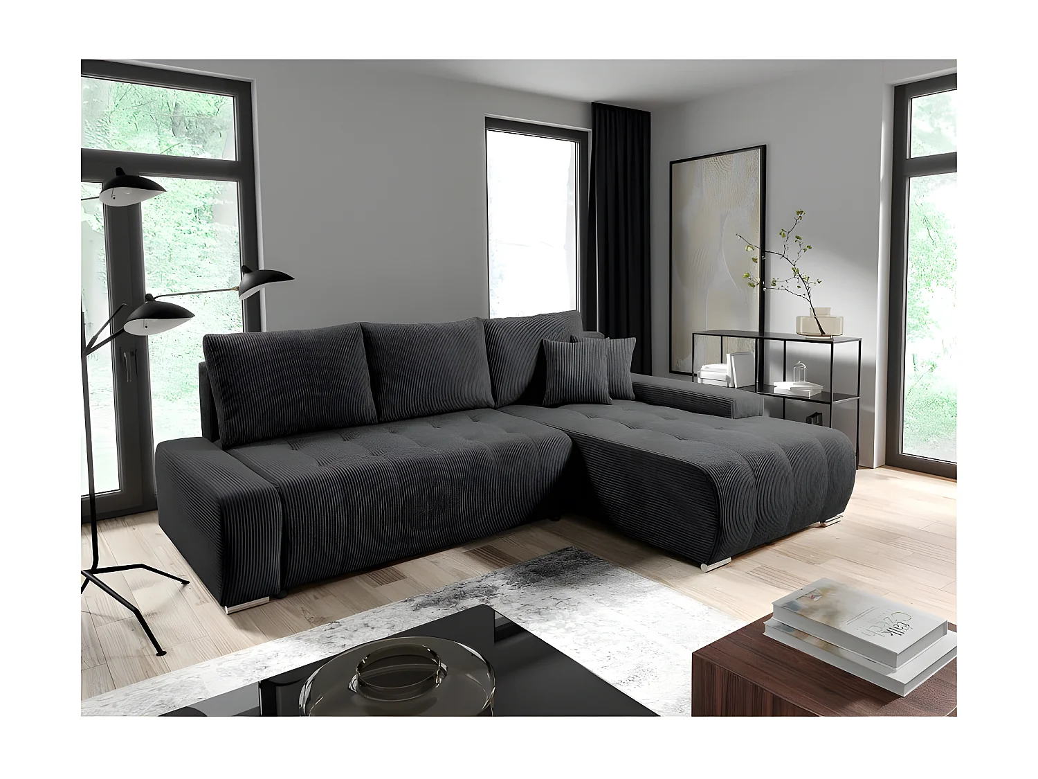 Canapé d'angle convertible MELOTI en velours côtelé gris foncé