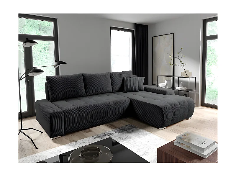 Canapé d'angle convertible MELOTI en velours côtelé gris foncé