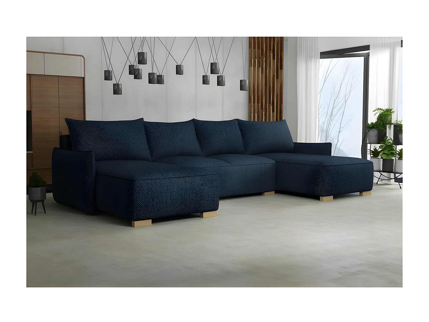 Canapé d'angle panoramique convertible FOLIA en U bleu marine