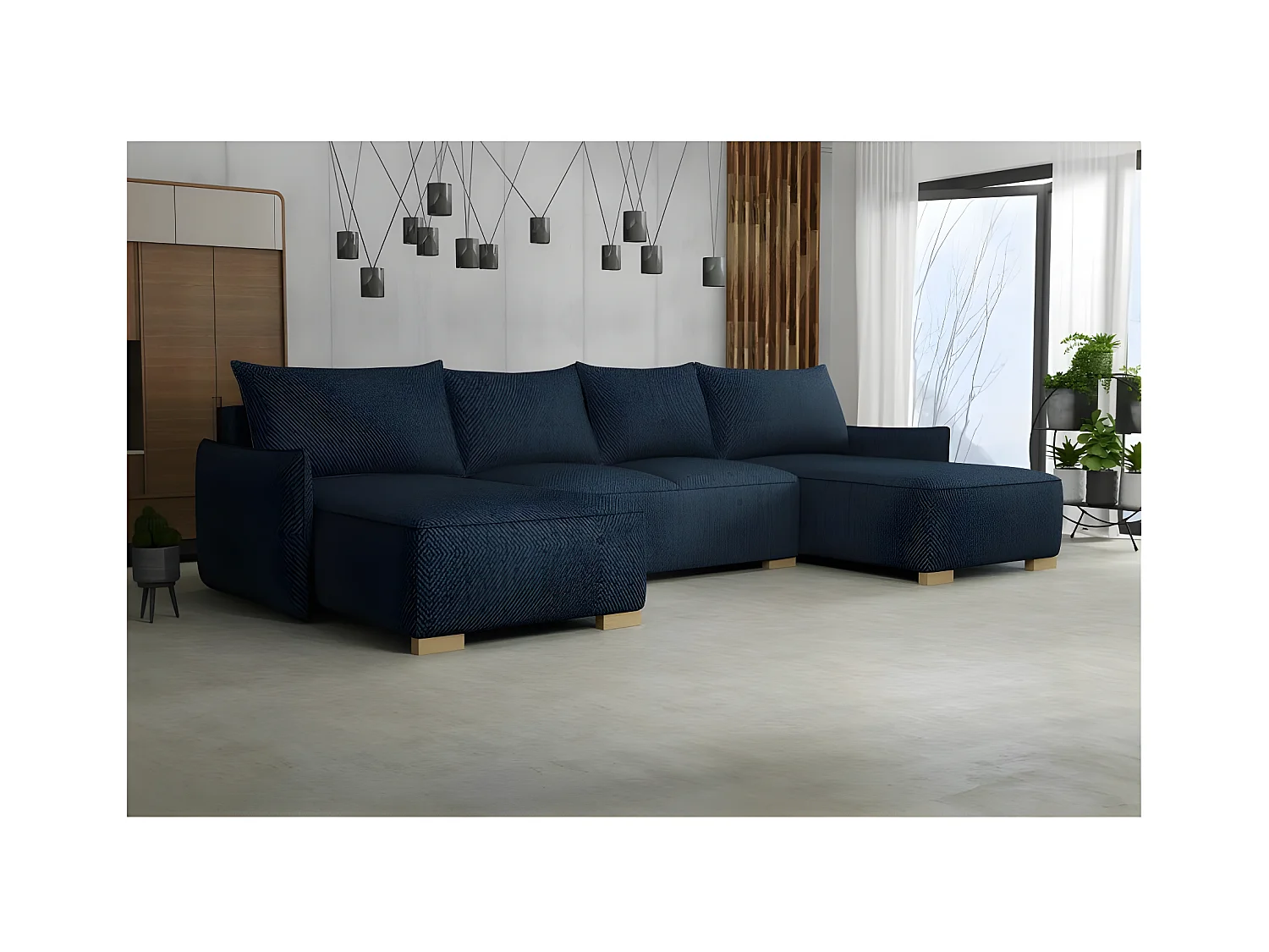 Canapé d'angle panoramique convertible FOLIA en U bleu marine