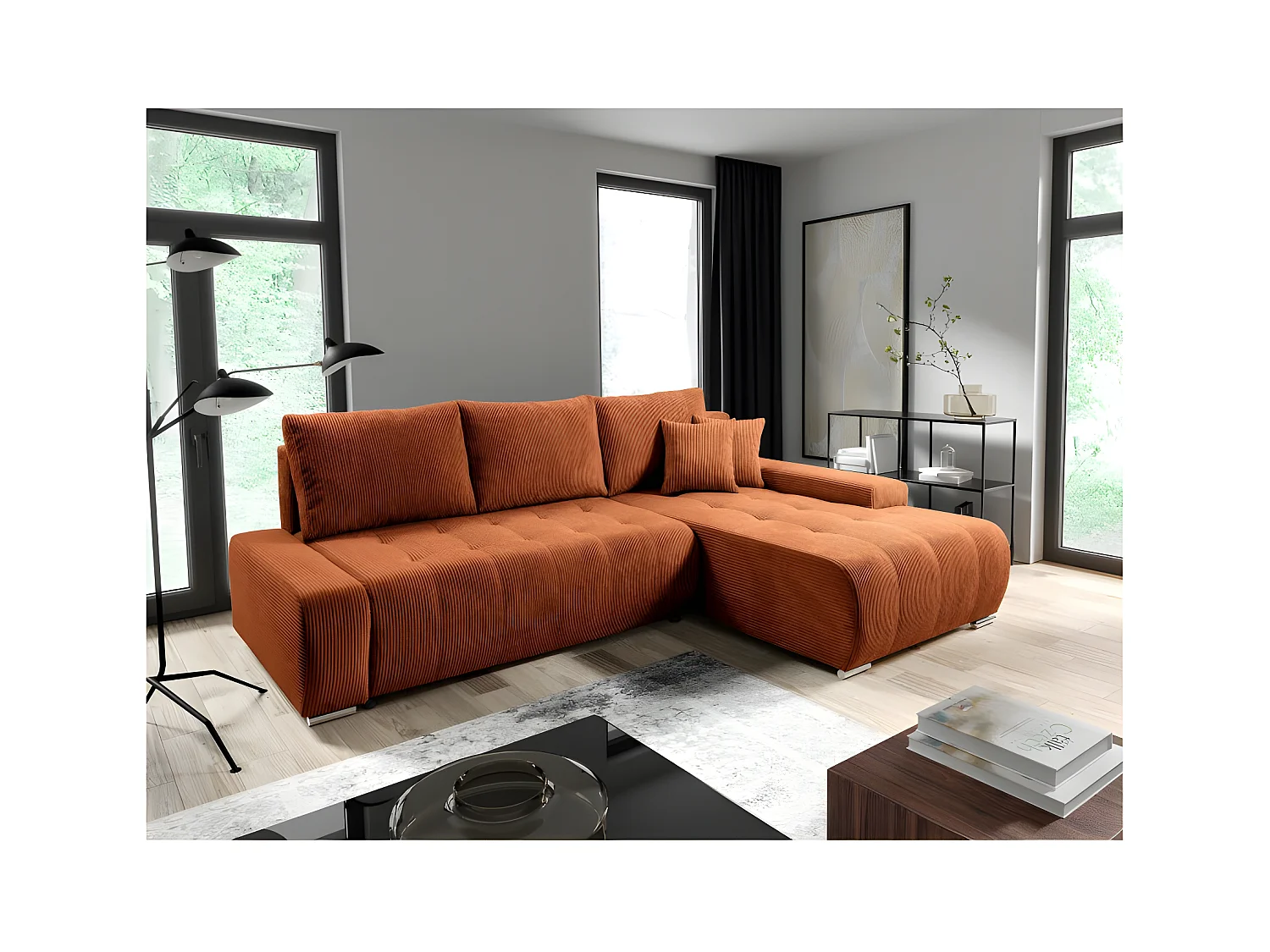 Canapé d'angle convertible MELOTI en velours côtelé terracotta