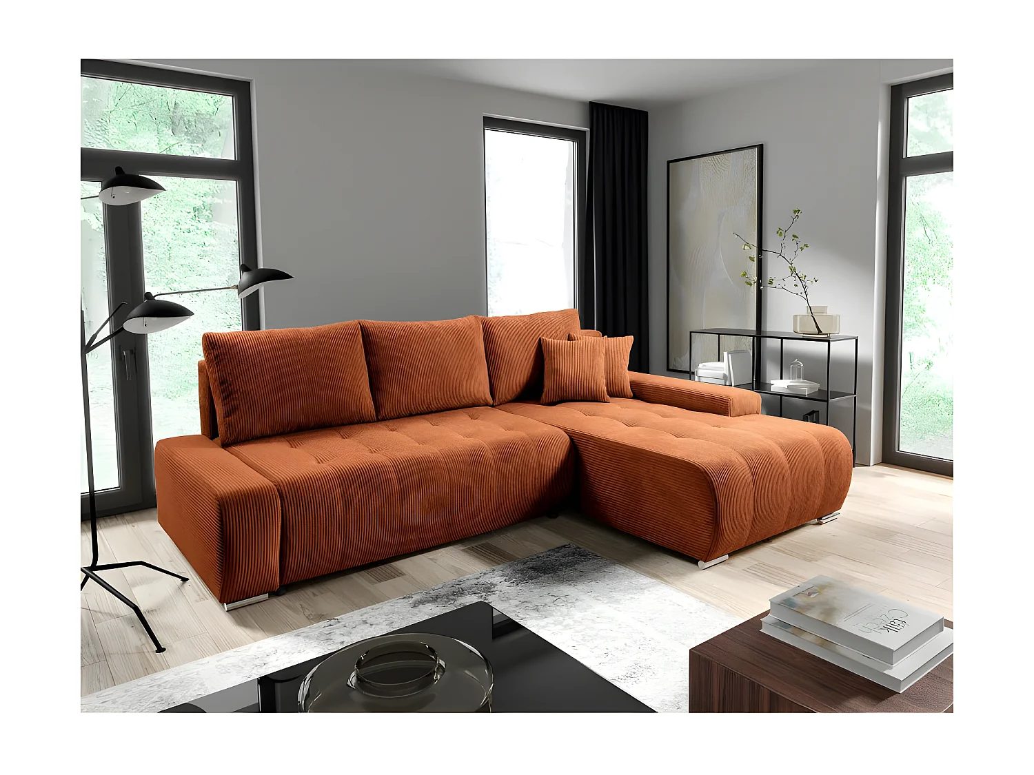 Canapé d'angle convertible MELOTI en velours côtelé terracotta