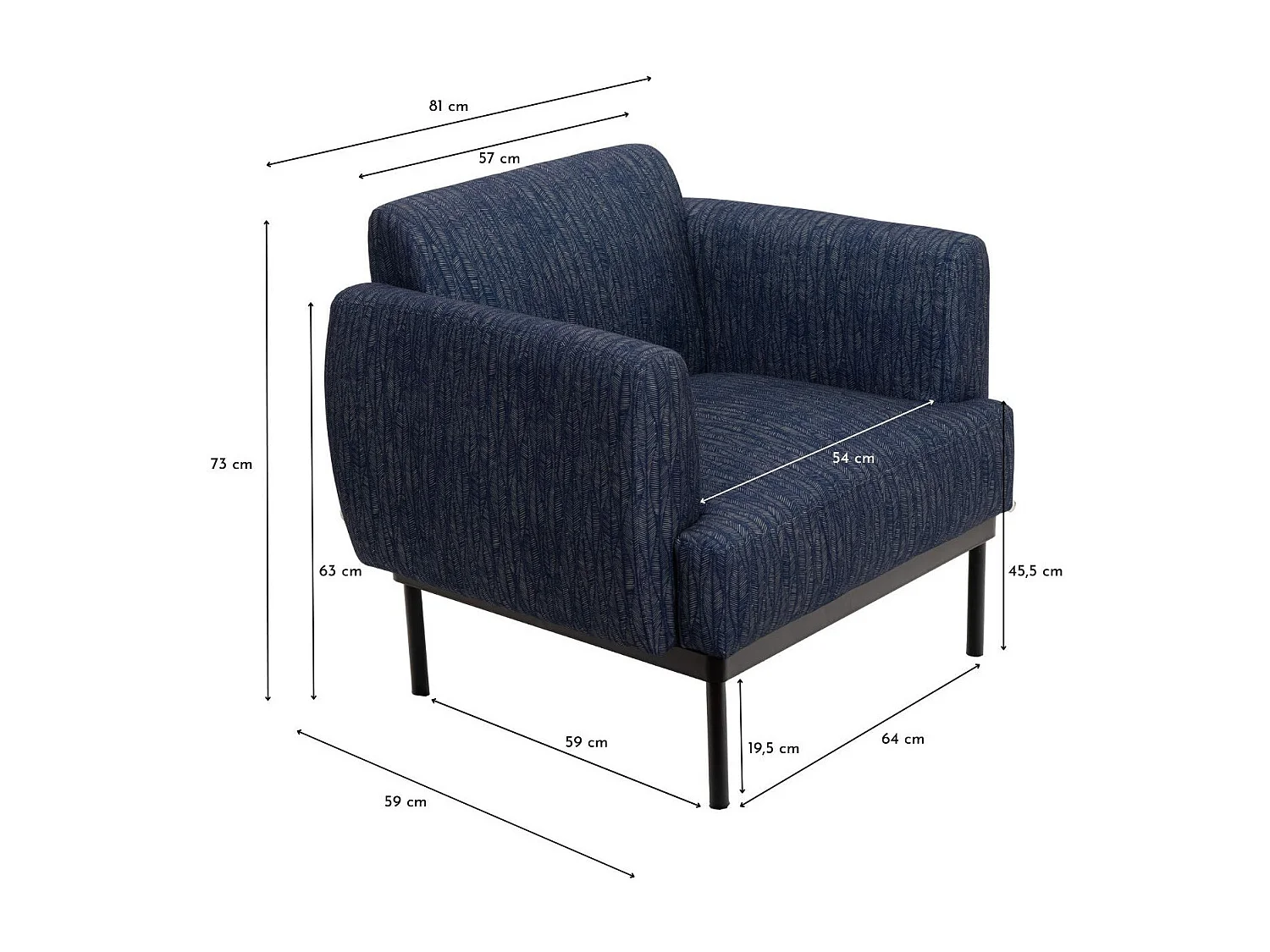 Fauteuil contemporain en tissu bleu et pieds en métal noir - LOYD