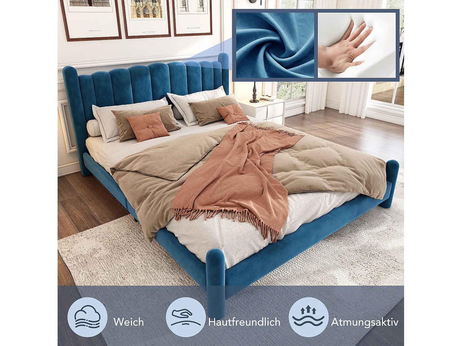 Gestoffeerd bed 180 x 200 cm met hoofdbord - volwassen fluwelen bed - waaiervorm - blauw
