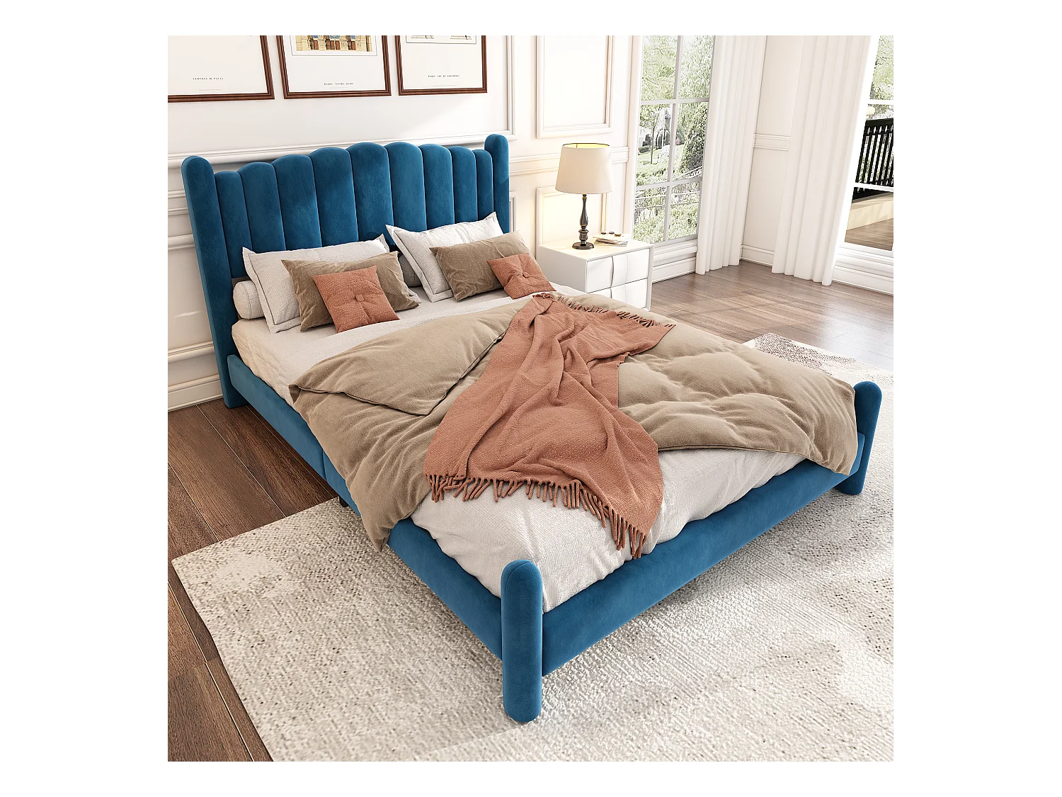 Gestoffeerd bed 180 x 200 cm met hoofdbord - volwassen fluwelen bed - waaiervorm - blauw