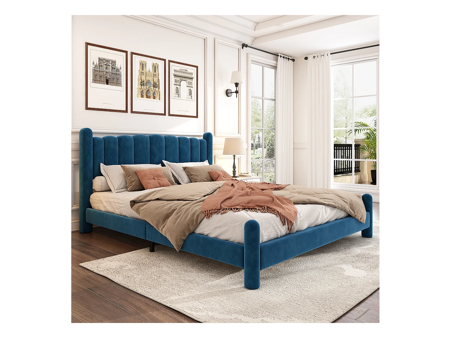 Lit capitonné 160 x 200 cm avec tête de lit - lit adulte en velours - forme d'éventail - bleu
