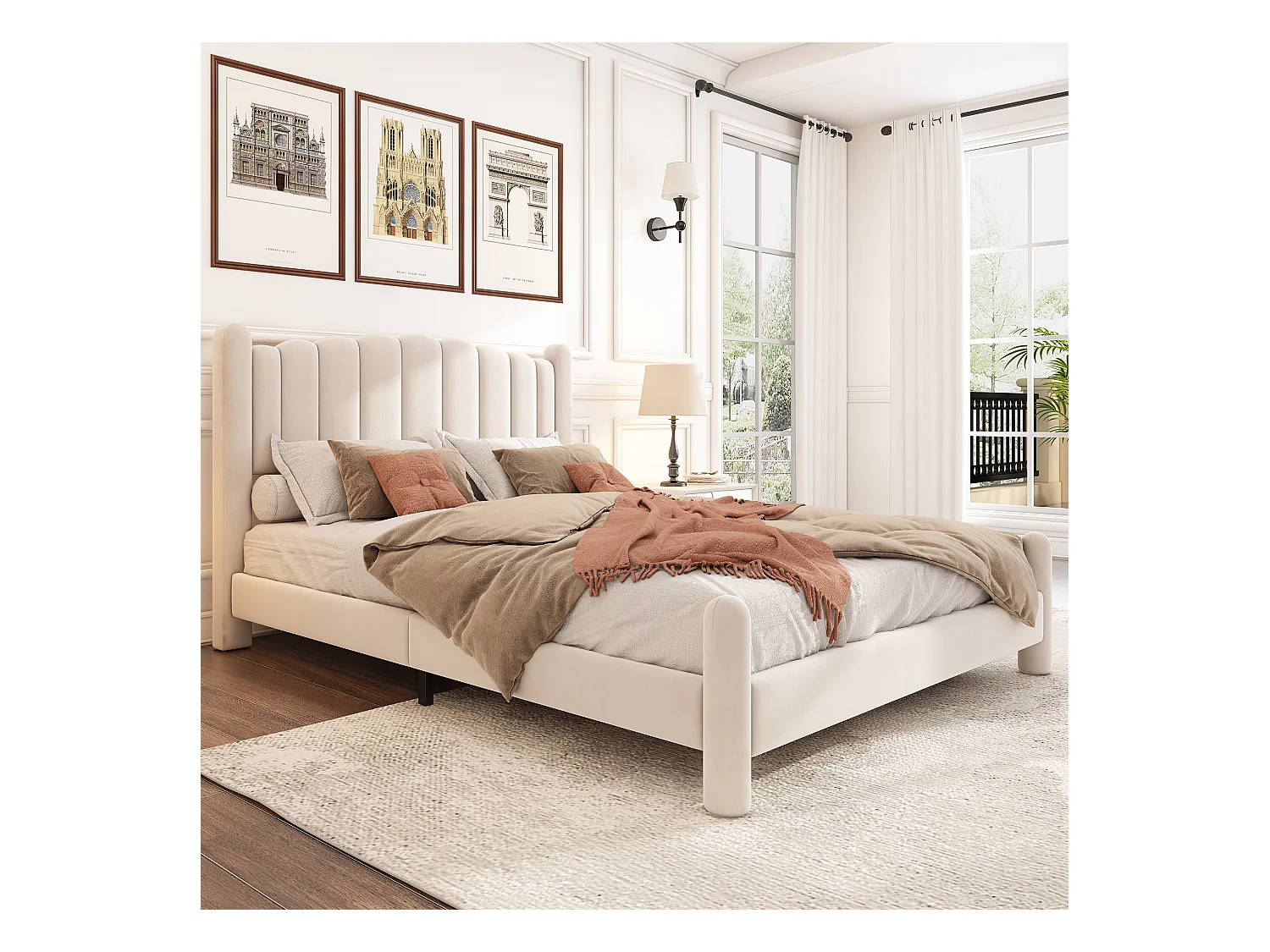 Lit capitonné 140 x 200 cm avec tête de lit - lit adulte en velours - forme d'éventail - beige