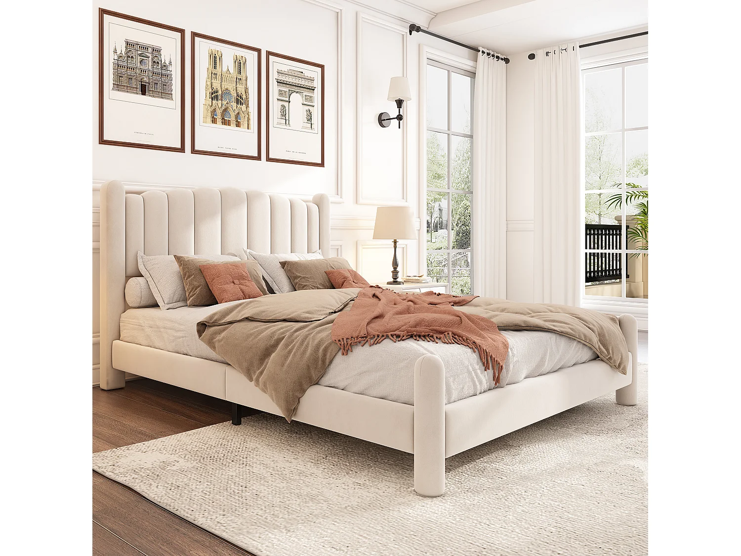 Gestoffeerd bed 140 x 200 cm met hoofdbord - volwassen fluwelen bed - waaiervorm - beige