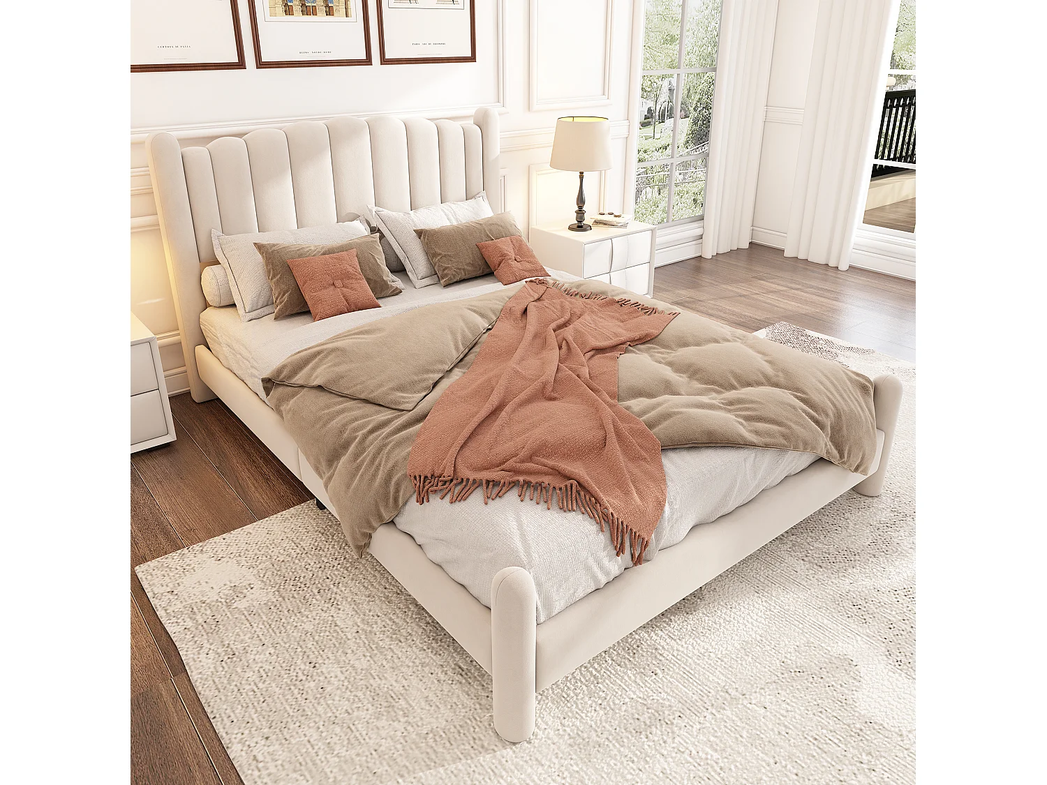 Gestoffeerd bed 140 x 200 cm met hoofdbord - volwassen fluwelen bed - waaiervorm - beige