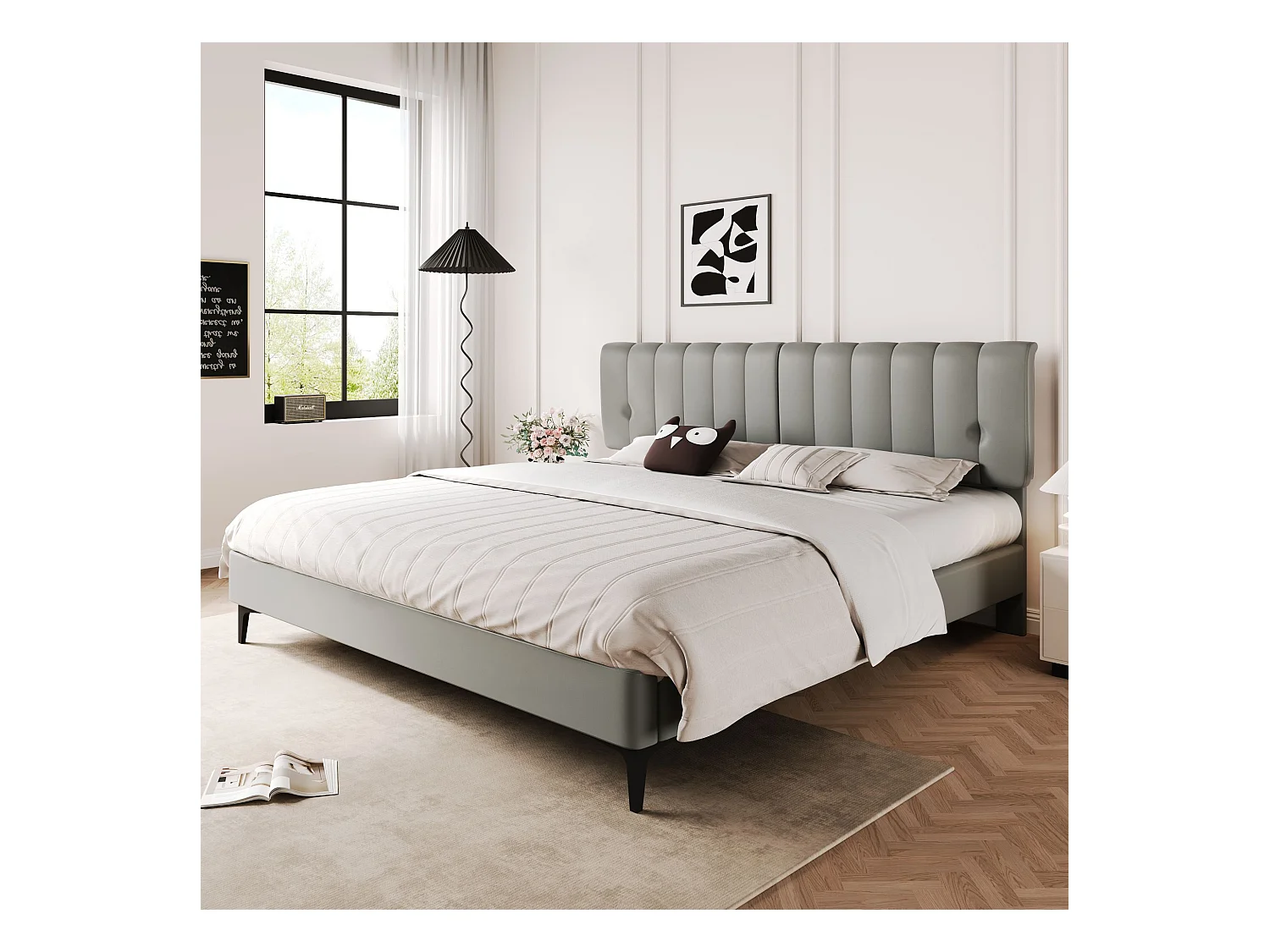 Lit capitonné 160 x 200 cm avec tête de lit - Cuir PU - Dossier amovible - Gris