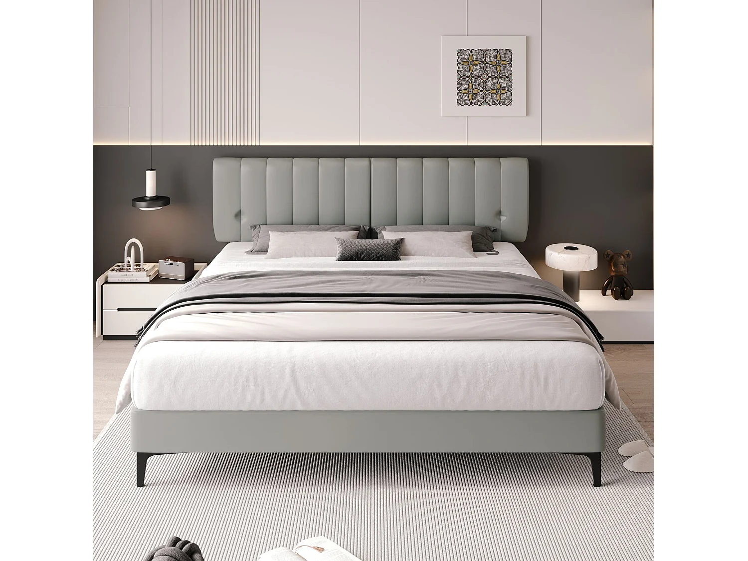 Lit capitonné 160 x 200 cm avec tête de lit - Cuir PU - Dossier amovible - Gris