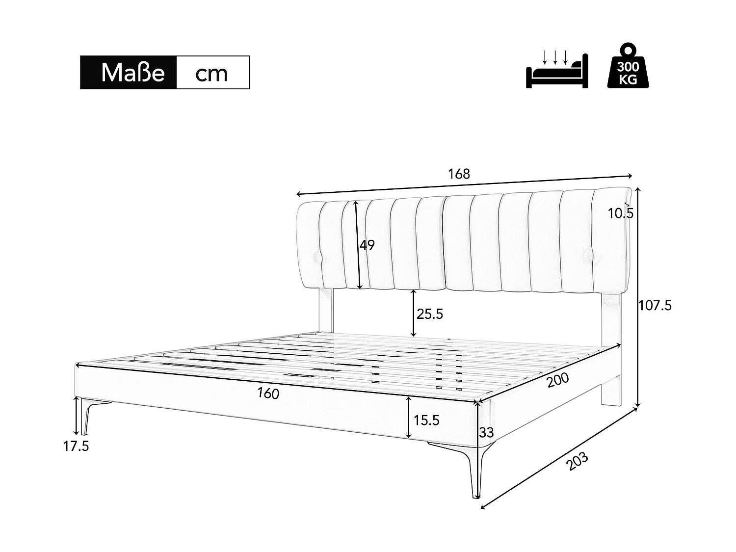 Lit capitonné 160 x 200 cm avec tête de lit - Cuir PU - Dossier amovible - Gris