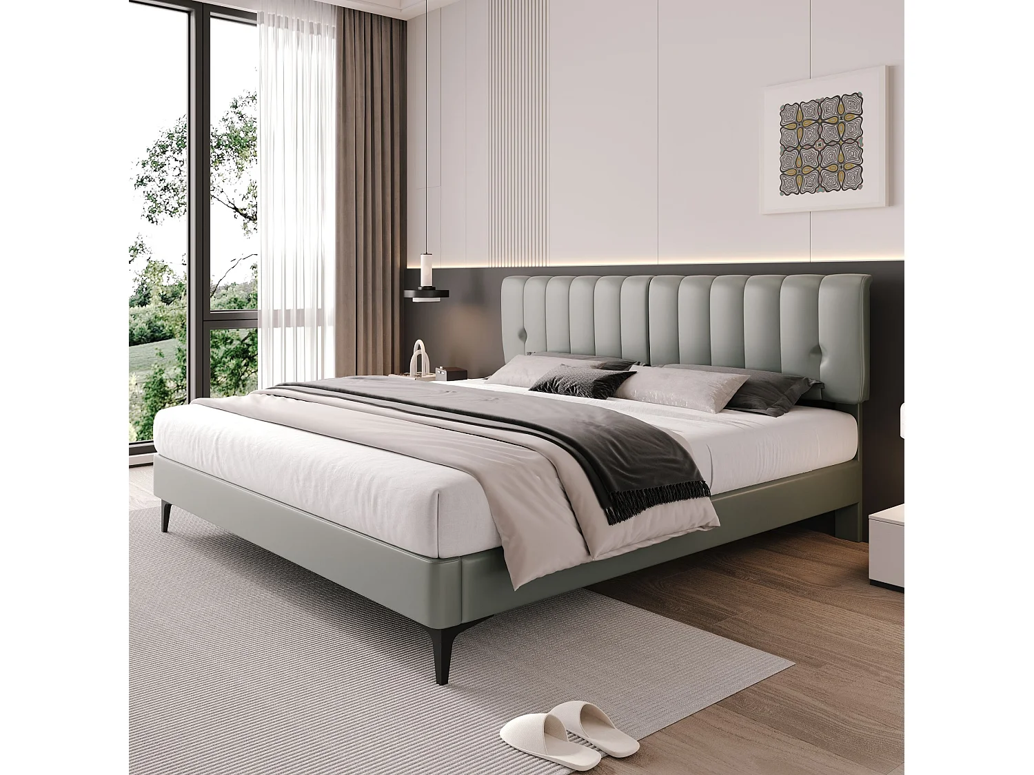 Gestoffeerd bed 180 x 200 cm met hoofdbord - PU-leer - Afneembare rugleuning - Grijs