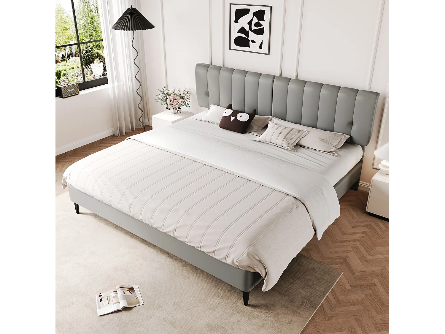 Gestoffeerd bed 180 x 200 cm met hoofdbord - PU-leer - Afneembare rugleuning - Grijs