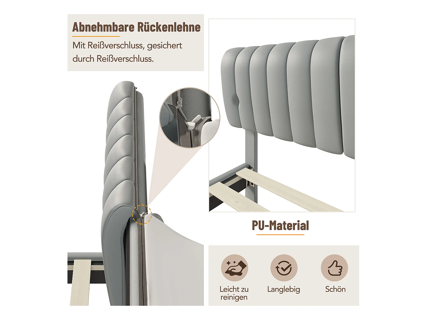 Gestoffeerd bed 180 x 200 cm met hoofdbord - PU-leer - Afneembare rugleuning - Grijs