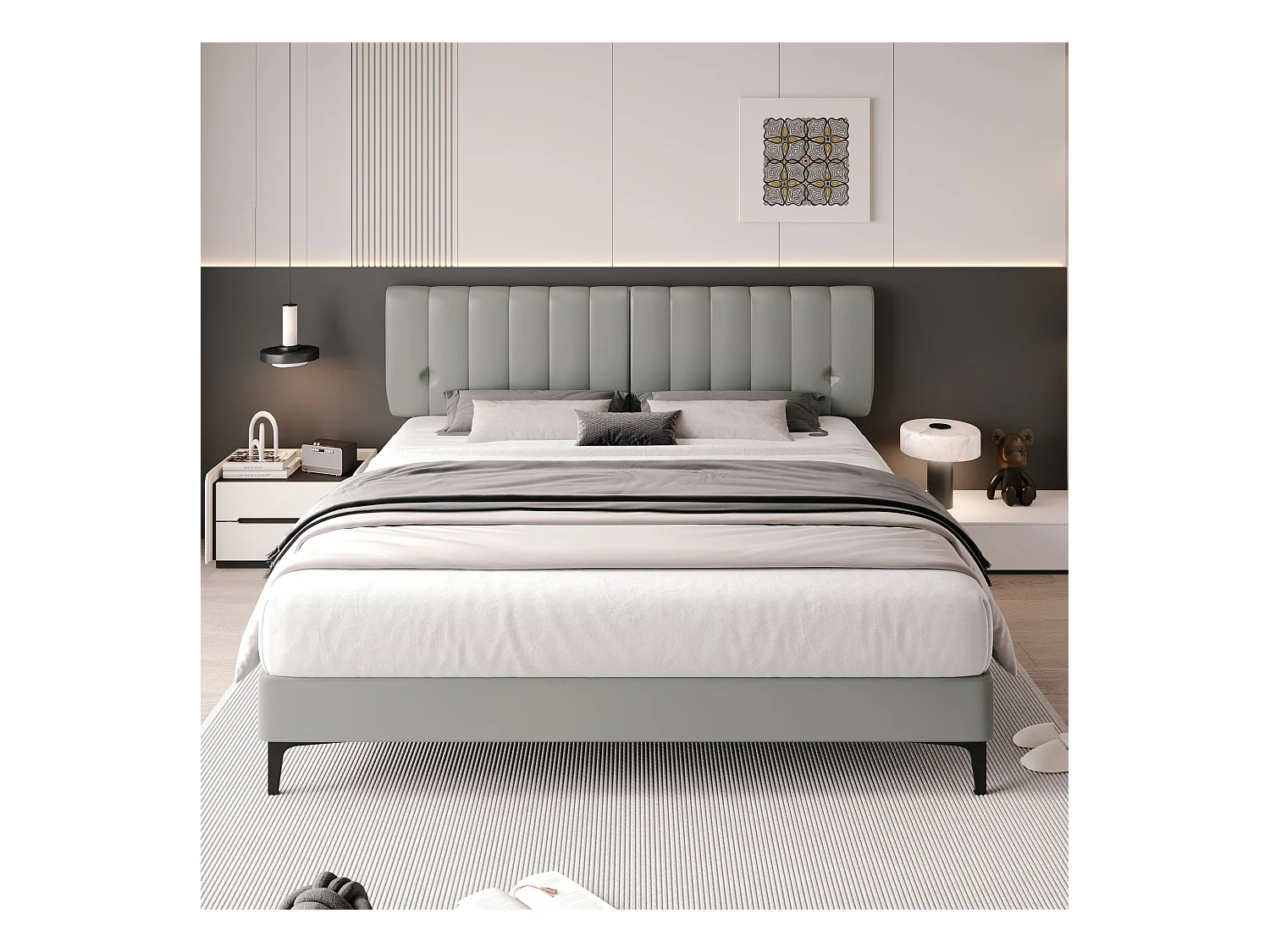 Gestoffeerd bed 180 x 200 cm met hoofdbord - PU-leer - Afneembare rugleuning - Grijs