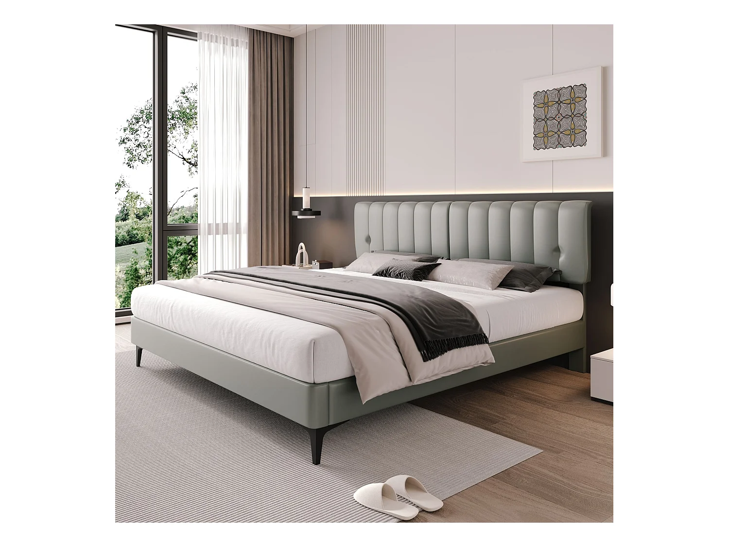 Gestoffeerd bed 180 x 200 cm met hoofdbord - PU-leer - Afneembare rugleuning - Grijs