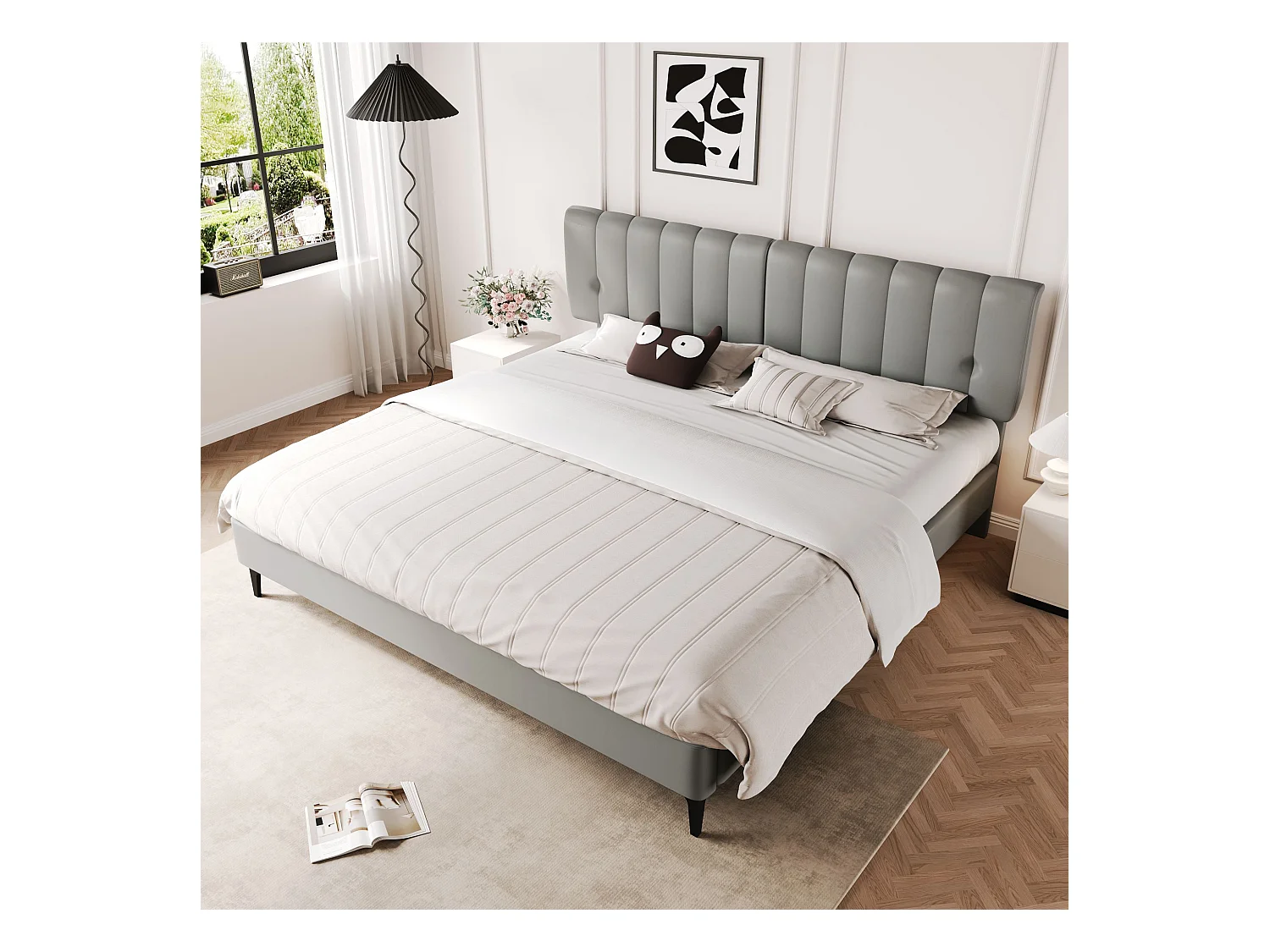 Gestoffeerd bed 180 x 200 cm met hoofdbord - PU-leer - Afneembare rugleuning - Grijs