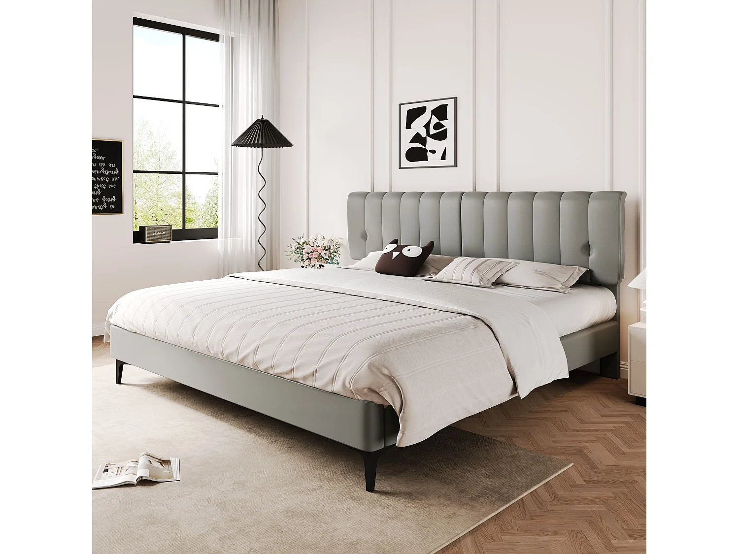 Gestoffeerd bed 180 x 200 cm met hoofdbord - PU-leer - Afneembare rugleuning - Grijs